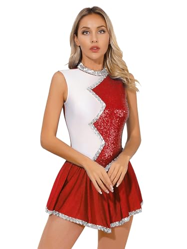 Agoky Damen Paillletten Eiskunstlauf Kleider Ärmellos Stehkragen Kürkleid Farbblock Tanzkleider mit Skaterrock Winter Sport Eislaufen Tanzbekleidung Rot XL von Agoky
