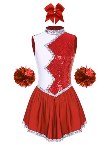 Agoky Damen Paillletten Eiskunstlauf Kleider Ärmellos Stehkragen Kürkleid Farbblock Tanzkleider mit Skaterrock Winter Sport Eislaufen Tanzbekleidung Rot mit Zubehör L von Agoky