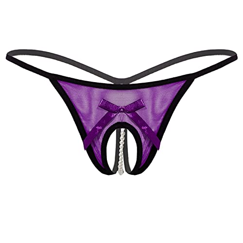 Agoky Damen Perlenstring sexy V-String T-Back T-String Panties Frauen Micro Mini String Tanga Dessous mit Perlen in Schwarz, blau, rosa, lila Violett D Einheitsgröße von Agoky