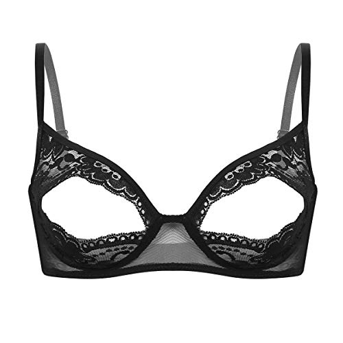 Agoky Damen Sexy BH Spitzen/Leder Bra Erotische Dessous Ouvert Cups Offene Brüste Bikini Oberteil Tops mit Öffnung am Nippel Schwarz A XXL von Agoky