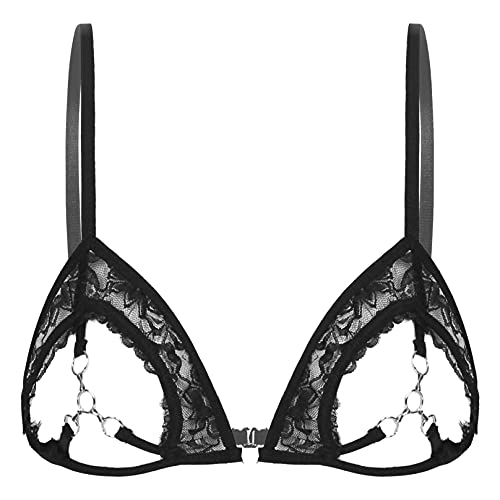 Agoky Damen Sexy BH Spitzen/Leder Bra Erotische Dessous Ouvert Cups Offene Brüste Bikini Oberteil Tops mit Öffnung am Nippel Schwarz Mit Kette L von Agoky