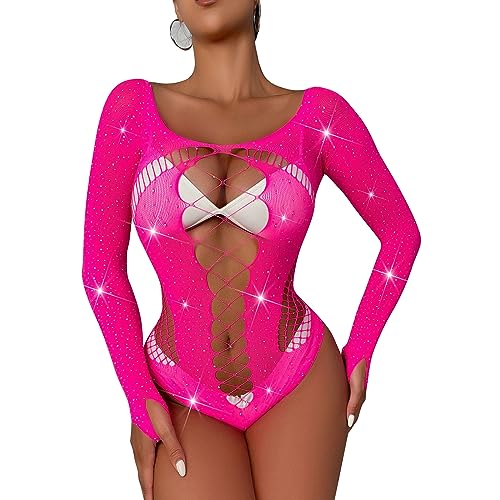 Agoky Damen Sexy Fishnet Body Langarm Rollkragen Blusen Transparent Oberteil High Cut Slip Nachtclub Bar Outfits Hot Pink A Einheitsgröße von Agoky