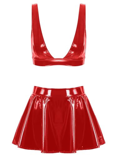 Agoky Damen Sexy Lack Leder BH und Minirock High Waist A-Linie Faltenrock Reizwäsche Disco Raver Tanz Kostüm Clubwear S-4XL Rot 3XL von Agoky