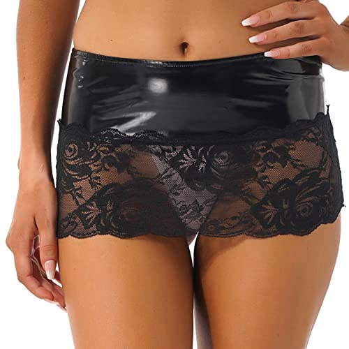 Agoky Damen Sexy Leder Rock Spitzen Spleiß Minirock Niedriger Bund Erotische Reizwäsche Transparent Slim Fit Röckchen Schwarz D M von Agoky