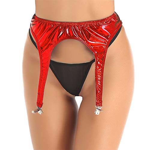 Agoky Damen Sexy Metallic Strumpfgürtel PU Leder Strapshalter Hüftgürtel Mit Vier Metall Clips Glänzend Reizwäsche Rot Einheitsgröße von Agoky