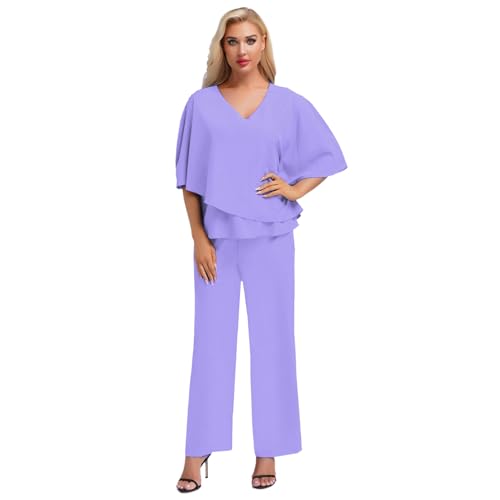 Agoky Damen Sommer Hosenanzug Abendanzug 2 Teillig Kleidung Set aus Batwing Top Shirt + Loose Fit Hose Lässige Pants Violett XXL von Agoky