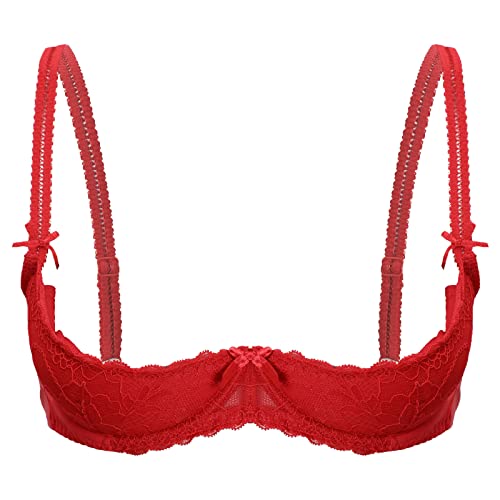 Agoky Damen Spitzen Büstenhebe Transparent Push Up BH Offene Brust Bra Erotik Reizwäsche Brustheber Stütz Top Oberteil Clubwear Rot M von Agoky