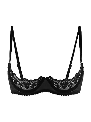 Agoky Damen Spitzen Büstenhebe Transparent Push Up BH Offene Brust Bra Erotik Reizwäsche Brustheber Stütz Top Oberteil Clubwear Schwarz I L von Agoky