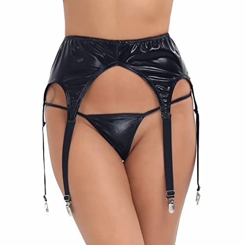 Agoky Damen Strumpfgürtel Lack Leder Strapsstrümpfe Sexy Strapse-Gürtel mit Micro Tanga String Unterhose reizvolle Unterwäsche Schwarz A Einheitsgröße von Agoky