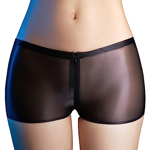 Agoky Damen Transparent Mesh Hose Knielang sexy Pants Tights Leggings Kurze Hose Wetlook Shorts mit Reisverschluss Erotik Reizwäsche Dessous Schwarz G Einheitsgröße von Agoky