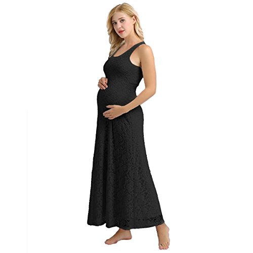 Agoky Damen Umstandskleid festlich Spitzenkleid Maternity Schwangerschafts Kleid - weich und strech - Ärmellos - Knielang Hochzeit Abendkleid Umstandsmode gr.34-44 Schwarz B 44 von Agoky