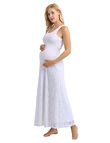 Agoky Damen Umstandskleid festlich Spitzenkleid Maternity Schwangerschafts Kleid - weich und strech - Ärmellos - Knielang Hochzeit Abendkleid Umstandsmode gr.34-44 Weiss B 42 von Agoky