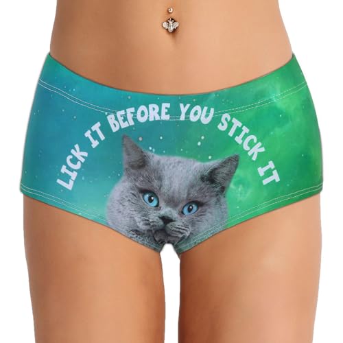 Agoky Damen Unterwäsche Slip Panties Brief Hipster mit lustigen Motiven Muster Aufdruck und Spruch sexy Dessous Hot Pants Hose Shorts Blau mit Grauer Katze Einheitsgröße von Agoky