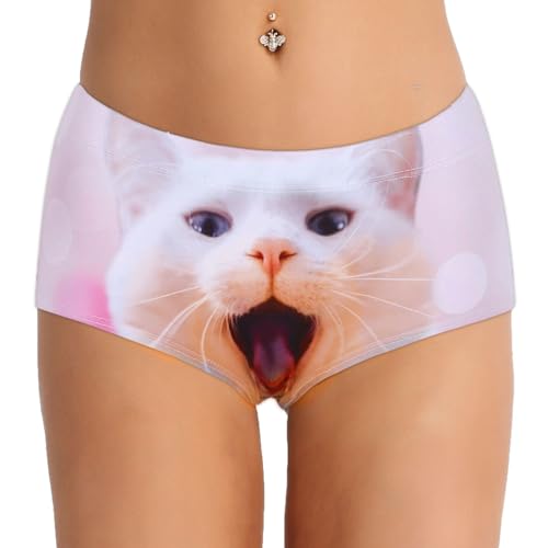 Agoky Damen Unterwäsche Slip Panties Brief Hipster mit lustigen Motiven Muster Aufdruck und Spruch sexy Dessous Hot Pants Hose Shorts Weiße Katze Einheitsgröße von Agoky