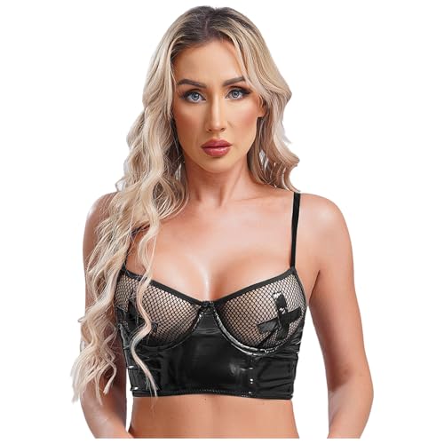 Agoky Damen Wetlook BH Lack Leder Bra mit Netz Spleiß Spaghetti Crop Top Erotische Dessous Oberteil Lingerie Reizwäsche in Schwarz Rot Pink Schwarz L von Agoky