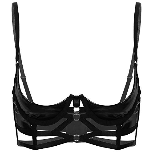 Agoky Damen Wetlook BH Leder Latex Brustfrei Oberteile Bra Crop top Erotische Dessous Lingerie Reizwäsche in Glänzend Schwarz Schwarz A XXL von Agoky