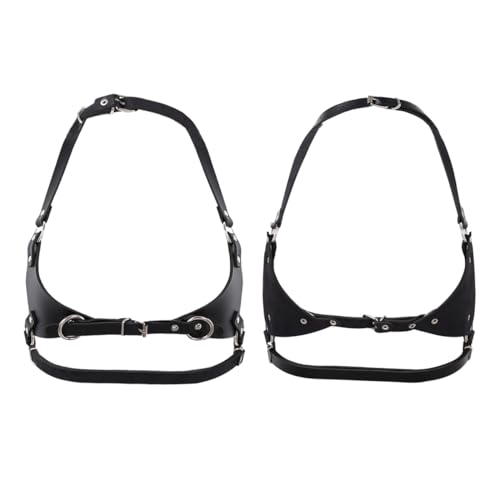 Agoky Damen Wetlook BH Ouvert Brust Harness mit Metallkette mehrreihig Anhänger und Leder Taille Gürtel Punk Gothic Verkleidung Schwarz O One Size von Agoky