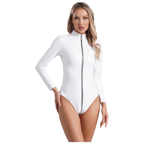 Agoky Damen Wetlook Body Sexy Langarm Lack Leder Stehkragen Shirt Top mit Durchgehendem Reisverschluss High Cut Thong Ouvert Tanga Einteiler Kurzes Overall Weiß L Agoky Damen Wetlook Body Sexy Langarm Lack Leder Stehkragen Shirt Top mit Durchgehendem Reisverschluss High Cut Thong Ouvert Tanga Einteiler Kurzes Overall Weiß L von Agoky