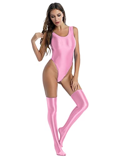 Agoky Damen Wetlook Bodysuit Rückenfrei Tank Top Metallic Glitzer Body High Cut Stringbody Strumpfhose Kniestrümpfe Clubwear Rosa Einheitsgröße von Agoky