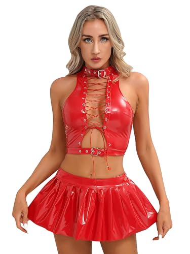 Agoky Damen Wetlook Crop Top Schnürung Oberteile und Minirock Faltenrock in Lack Leder Optik Cool Punk Gothic Outfit Gogo Tanz Clubwear Rot M von Agoky