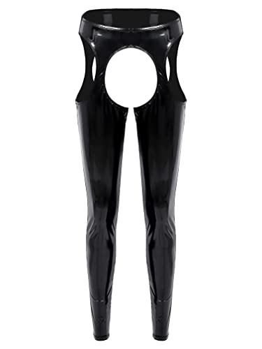 Agoky Damen Wetlook Hose Ouvert Pantyhose Sexy Open Crotch Latex Metallic Glitzer Leggings Lang Hinten Offen Höschen Erotisch Nachtwäsche Party Clubwear Schwarz D L von Agoky