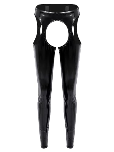 Agoky Damen Wetlook Hose Ouvert Pantyhose Sexy Open Crotch Latex Metallic Glitzer Leggings Lang Hinten Offen Höschen Erotisch Nachtwäsche Party Clubwear Schwarz D S von Agoky