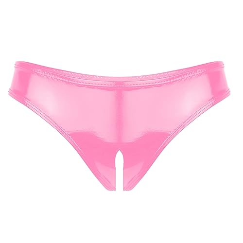 Agoky Damen Wetlook Hotpants Glänzend Ouvert-Slip mit Spitze Rüsche Lack Leder Shorts Strings Erotik Dessous Unterwäsche Reizwäsche S-XL Rosa E L von Agoky