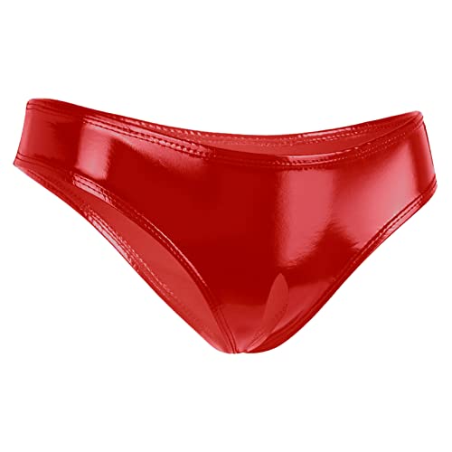 Agoky Damen Wetlook Hotpants Glänzend Ouvert-Slip mit Spitze Rüsche Lack Leder Shorts Strings Erotik Dessous Unterwäsche Reizwäsche S-XL Rot E M von Agoky