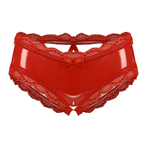 Agoky Damen Wetlook Hotpants Glänzend Ouvert-Slip mit Spitze Rüsche Lack Leder Shorts Strings Erotik Dessous Unterwäsche Reizwäsche S-XL Rot M von Agoky