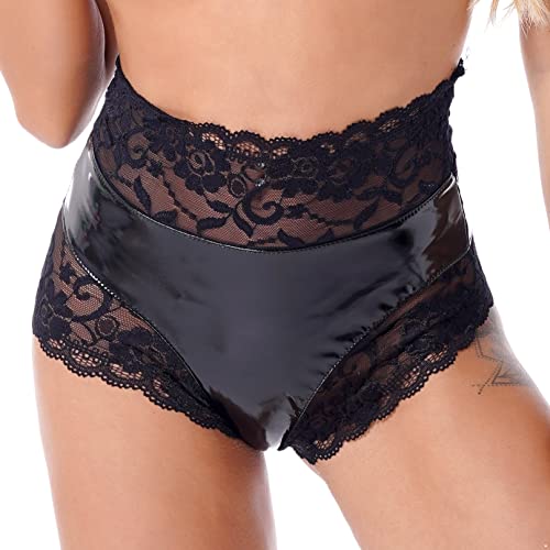 Agoky Damen Wetlook Hotpants Glänzend Ouvert-Slip mit Spitze Rüsche Lack Leder Shorts Strings Erotik Dessous Unterwäsche Reizwäsche S-XL Schwarz I 4XL von Agoky