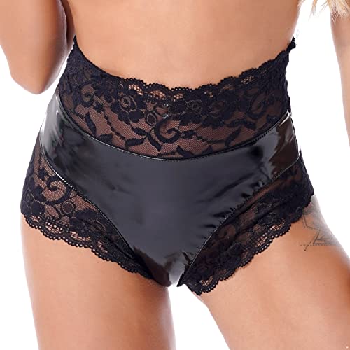 Agoky Damen Wetlook Hotpants Glänzend Ouvert-Slip mit Spitze Rüsche Lack Leder Shorts Strings Erotik Dessous Unterwäsche Reizwäsche S-XL Schwarz I L von Agoky
