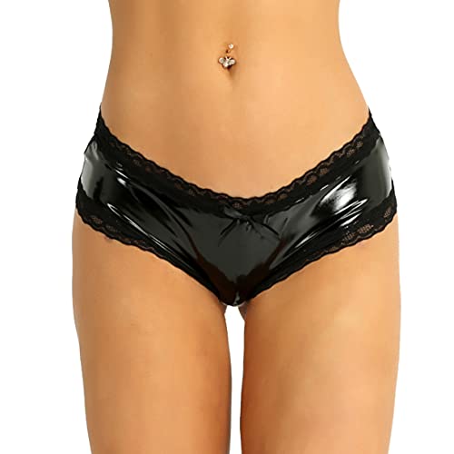Agoky Damen Wetlook Hotpants Glänzend Ouvert-Slip mit Spitze Rüsche Lack Leder Shorts Strings Erotik Dessous Unterwäsche Reizwäsche S-XL Schwarz S von Agoky