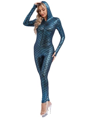 Agoky Damen Wetlook Jumpsuit Langarm Overall Meerjungfrau Print Ganzkörperanzug mit lange Hose Glänzend Catsuit Lack Leder Optik Clubwear Blau S von Agoky