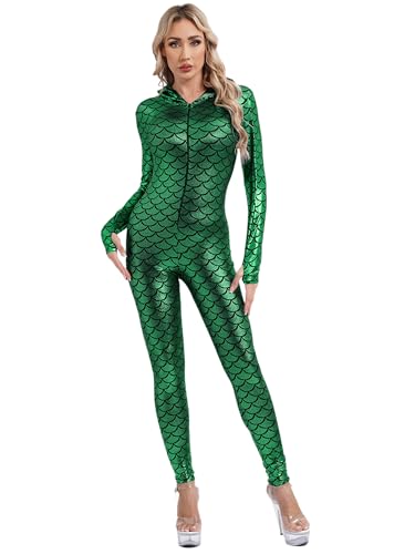 Agoky Damen Wetlook Jumpsuit Langarm Overall Meerjungfrau Print Ganzkörperanzug mit lange Hose Glänzend Catsuit Lack Leder Optik Clubwear Dunkelgrün L von Agoky