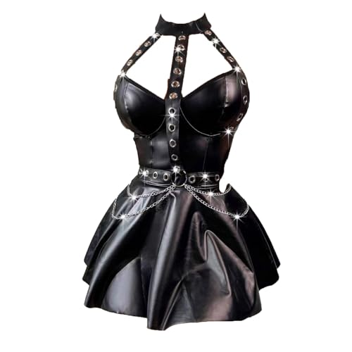 Agoky Damen Wetlook Lack Leder Kleid Vollbrust Corsagenkleid Korsett Partykleid A-Linie Knielang Punk Rock Gothic Kostüm Clubwear S-XXL Schwarz C L von Agoky