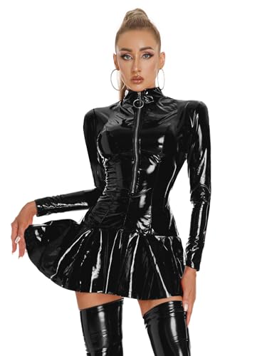 Agoky Damen Wetlook Leder Kleider A Linie Partykleid Stehkragen Top mit Reisverschluss Ausgestellt Rock Sexy Clubwear Schwarz E M von Agoky