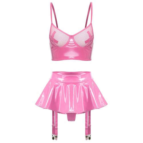 Agoky Damen Wetlook Netz Leder BH und Lack Leder Gefaltet Rock mit Strumpfbändern String Tanga Reizvolle Dessous Set Gogo Outfits Clubwear Rosa M von Agoky