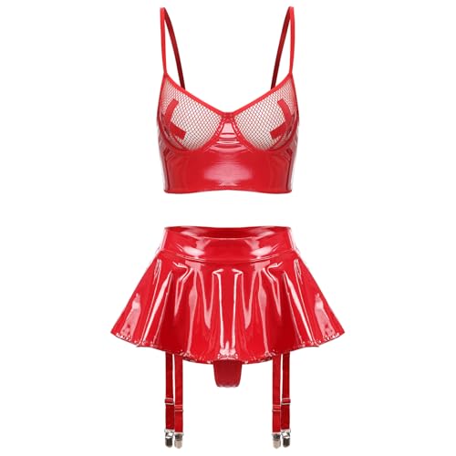 Agoky Damen Wetlook Netz Leder BH und Lack Leder Gefaltet Rock mit Strumpfbändern String Tanga Reizvolle Dessous Set Gogo Outfits Clubwear Rot M von Agoky