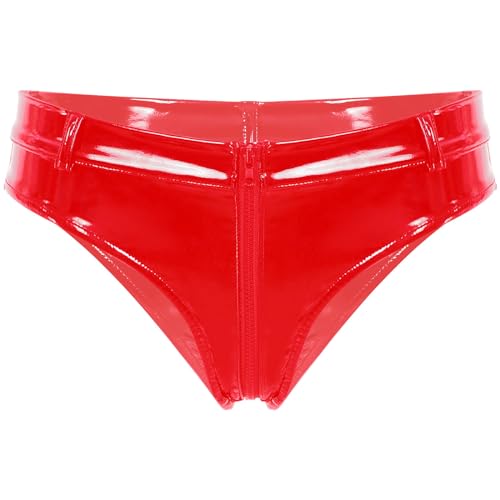 Agoky Damen Wetlook String Tanga sexy Mini Slip Lack Lederoptik Hipster Shorts Gürtel Taille Reizwäsche Gogo Clubwear Rot G L von Agoky