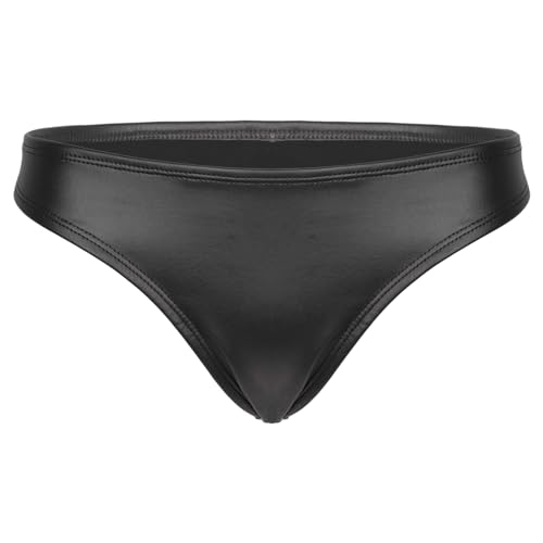 Agoky Damen Wetlook String Tanga sexy Mini Slip Lack Lederoptik Hipster Shorts Gürtel Taille Reizwäsche Gogo Clubwear Schwarz E L von Agoky