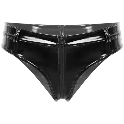 Agoky Damen Wetlook String Tanga sexy Mini Slip Lack Lederoptik Hipster Shorts Gürtel Taille Reizwäsche Gogo Clubwear Schwarz G L von Agoky