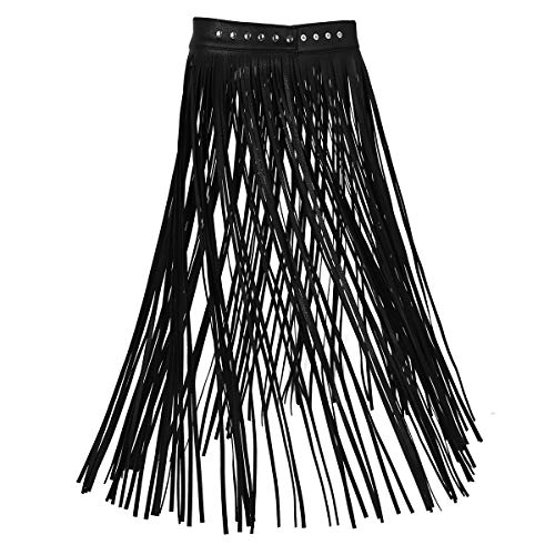 Agoky Damen Winter Fransen Lederrock Maxirock Hohe Taille Hippie Rock Lang Plisseerock Ausgestellt Quaste Skirt in schwarz, weiß Schwarz L von Agoky
