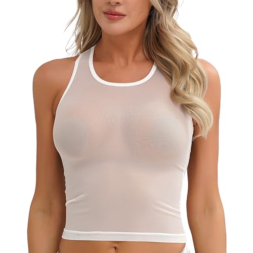 Agoky Damen transparent Oberteil Bluse Stehkragen Hemd ärmellos Shirt Top Mesh Tüll Erotik Dessous Unterhemd Reizwäsche Weiß D S von Agoky