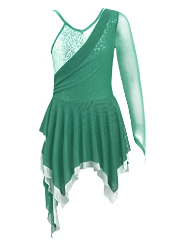 Agoky Eiskunstlauf Kleid Mädchen Langarm Ballettkleid Glitzernd Ballettanzug mit Raffung Kinder Trikot Leotard Tutu Röckchen Tanzkleidung Mint Grün C 146-152 von Agoky