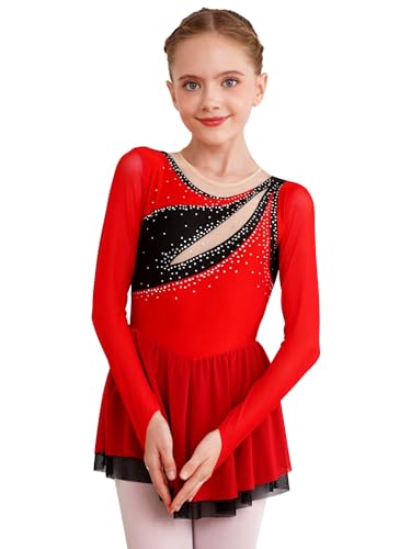 Agoky Eiskunstlauf Kleid Mädchen Langarm Ballettkleid Glitzernd Ballettanzug mit Raffung Kinder Trikot Leotard Tutu Röckchen Tanzkleidung Rot H 134-140 von Agoky