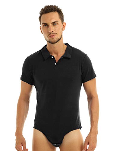 Agoky Herren Body Männer Einteiler Unterwäsche Kurzarm Unterhemd Polokragen T-Shirt Einfarbig Baumwolle Tops und Ouvert Slip mit Knöpfe im Schritt Polohemd Schwarz 4XL von Agoky