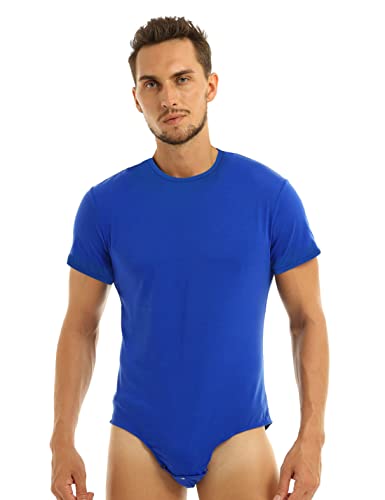 Agoky Herren Body Männer Einteiler Unterwäsche Kurzarm Unterhemd Rundhals T-Shirt Einfarbig Baumwolle Tops und Ouvert Slip mit Knöpfe im Schritt Blau 4XL von Agoky
