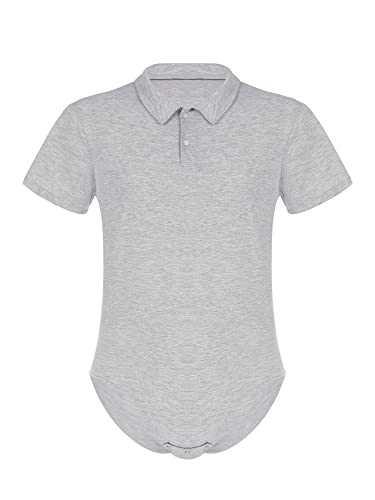 Agoky Herren Body Männer Einteiler Unterwäsche Kurzarm Unterhemd Rundhals T-Shirt Einfarbig Baumwolle Tops und Ouvert Slip mit Knöpfe im Schritt Polohemd Grau 3XL von Agoky