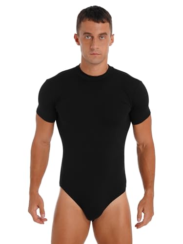 Agoky Herren Body Männer Einteiler Unterwäsche Kurzarm Unterhemd Rundhals T-Shirt Einfarbig Baumwolle Tops und Ouvert Slip mit Knöpfe im Schritt Schwarz Slim M von Agoky