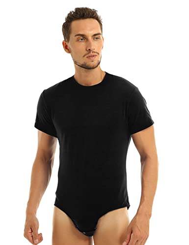 Agoky Herren Body Männer Einteiler Unterwäsche Kurzarm Unterhemd Rundhals T-Shirt Einfarbig Baumwolle Tops und Ouvert Slip mit Knöpfe im Schritt Schwarz XXL von Agoky